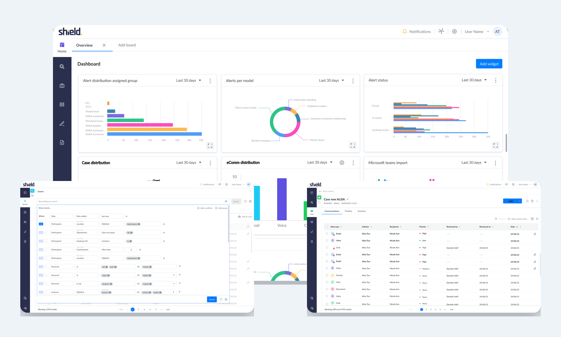Redesigned Shield dashboard, search builder and case view